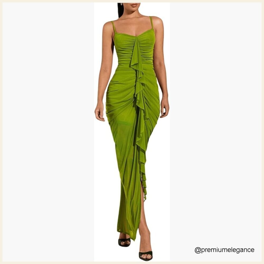 Ruffle Ruched Maxi Dress Sweetheart Neck Bodycon Split Side Elegant